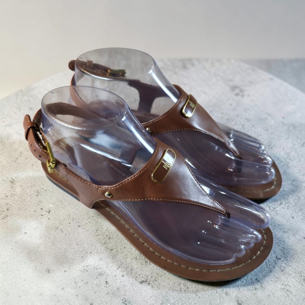Ralph Lauren Women's 6 B Strappy Thong Brown Sandal Flats Logo Boho Beach